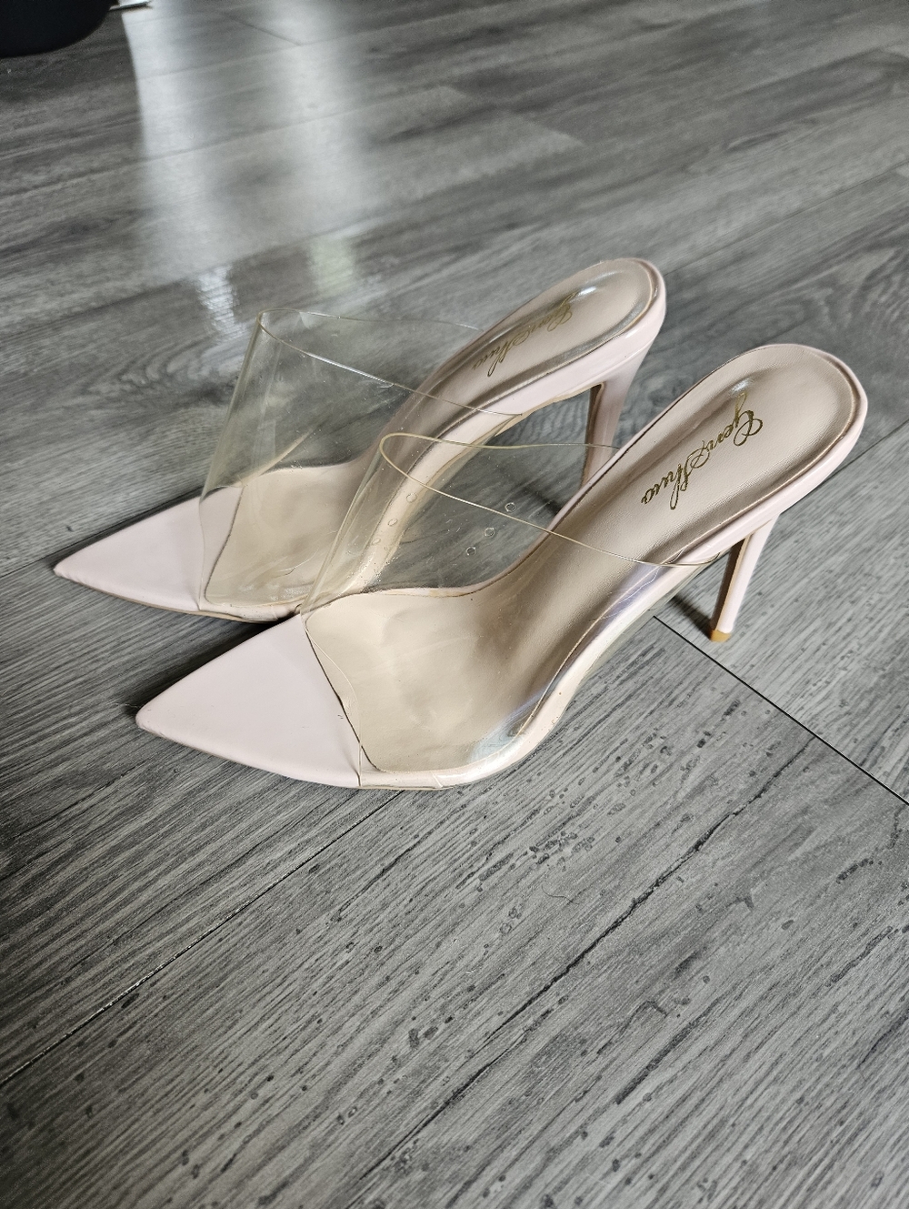4/$20 GeniShuo Clear Strap Pointed Toe Heels Nude Pink Mules Size 10